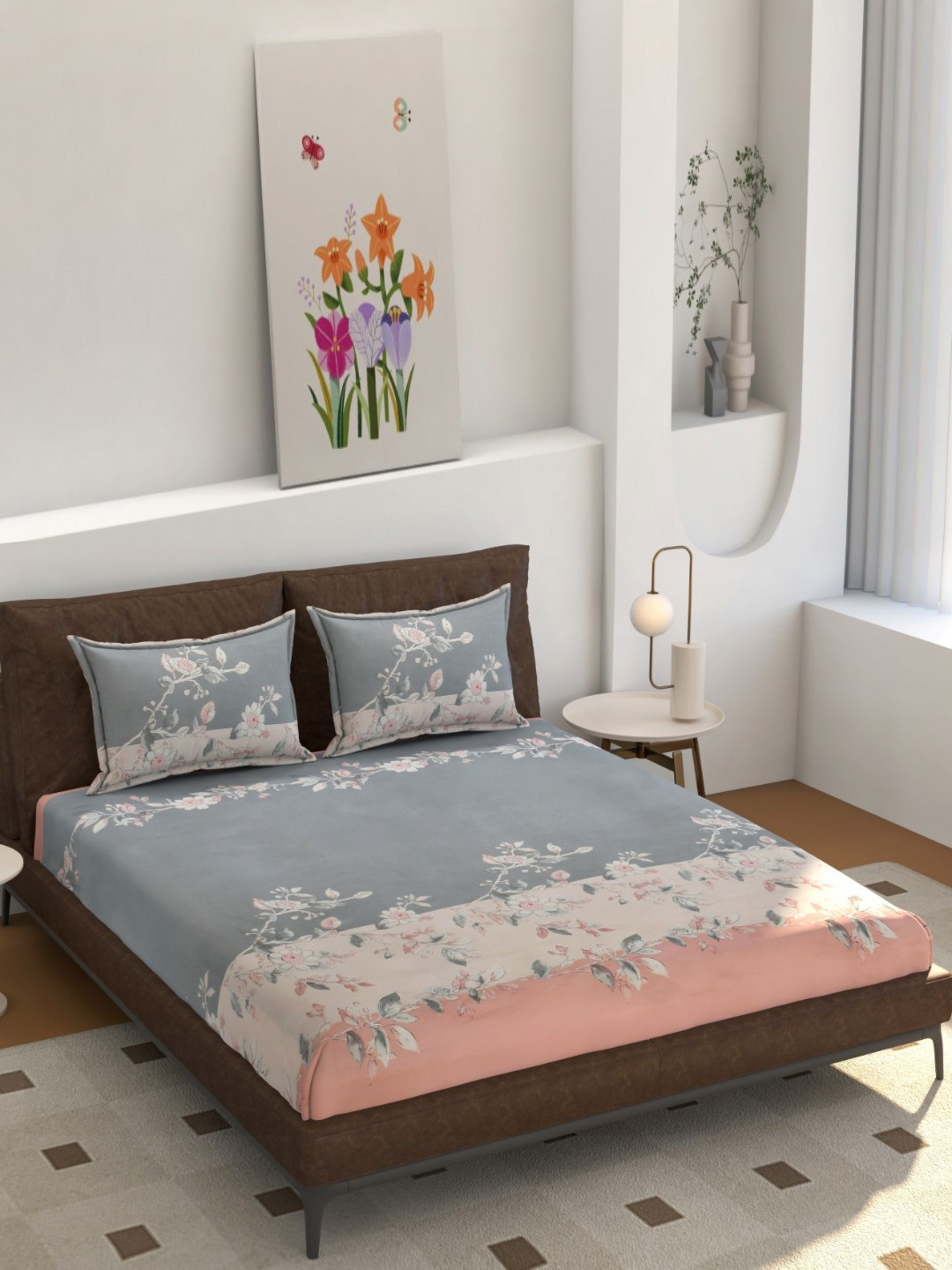 REALDREAM Presents Luxurious Grey Floral Cotton 260 TC Fitted King Fine Bedsheet with 2 Pillow Covers-72 x 78 inches