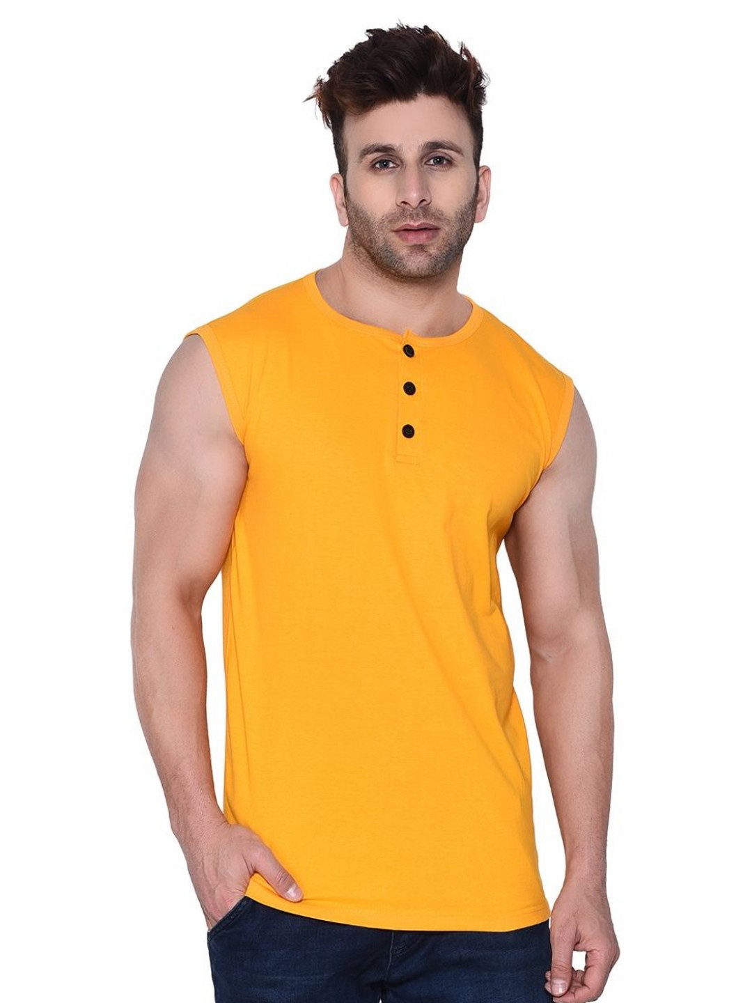 BEYOU FASHION Men Henley Neck Sleeveless T-shirt