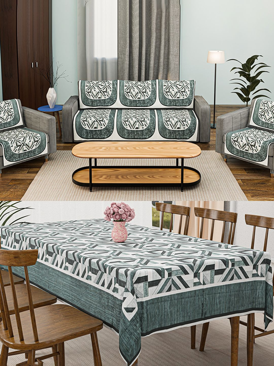 Kuber Industries 11 Pcs Grey & White Velvet 5 Seater Sofa Cover & Dining Table Cover