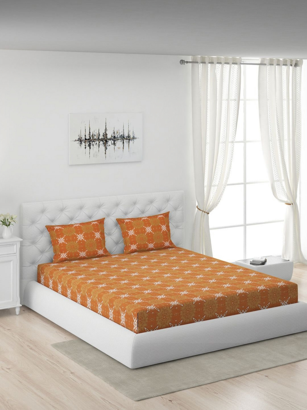 Moca By Monte Carlo Orange Floral Polyester 120 TC Fitted King Bedsheet with 2 Pillow Covers-88 x 100 inches
