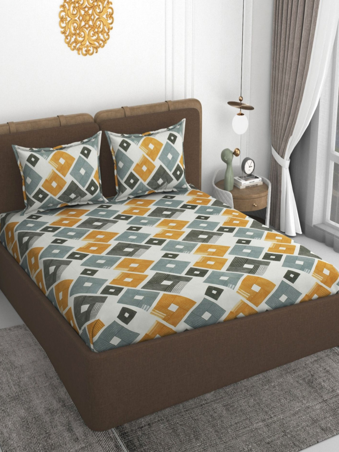 VOMZER Fiaded Line Multicoloured Checked Cotton 210 TC Fitted Queen Superfine Bedsheet with 2 Pillow Covers-78 x 60 inches