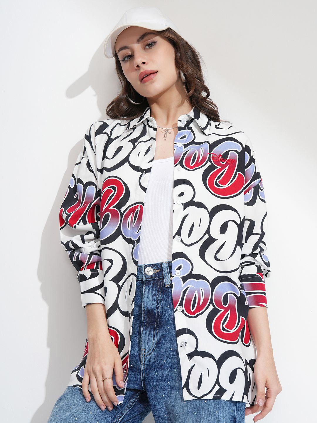 Tokyo Talkies Disney Mickey Women Mickey Verbiage Printed Longline Oversized Shirt