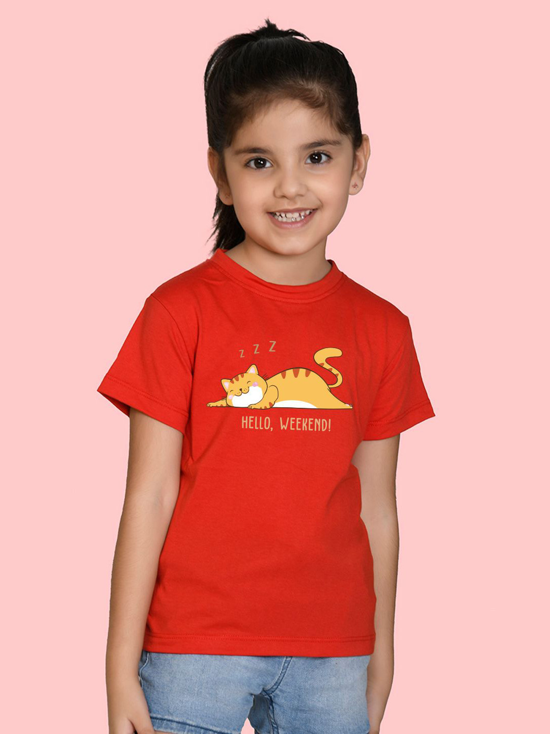 NUSYL Girls Hello Weekend & Cat Printed Round Neck Short Sleeves Cotton T-Shirt