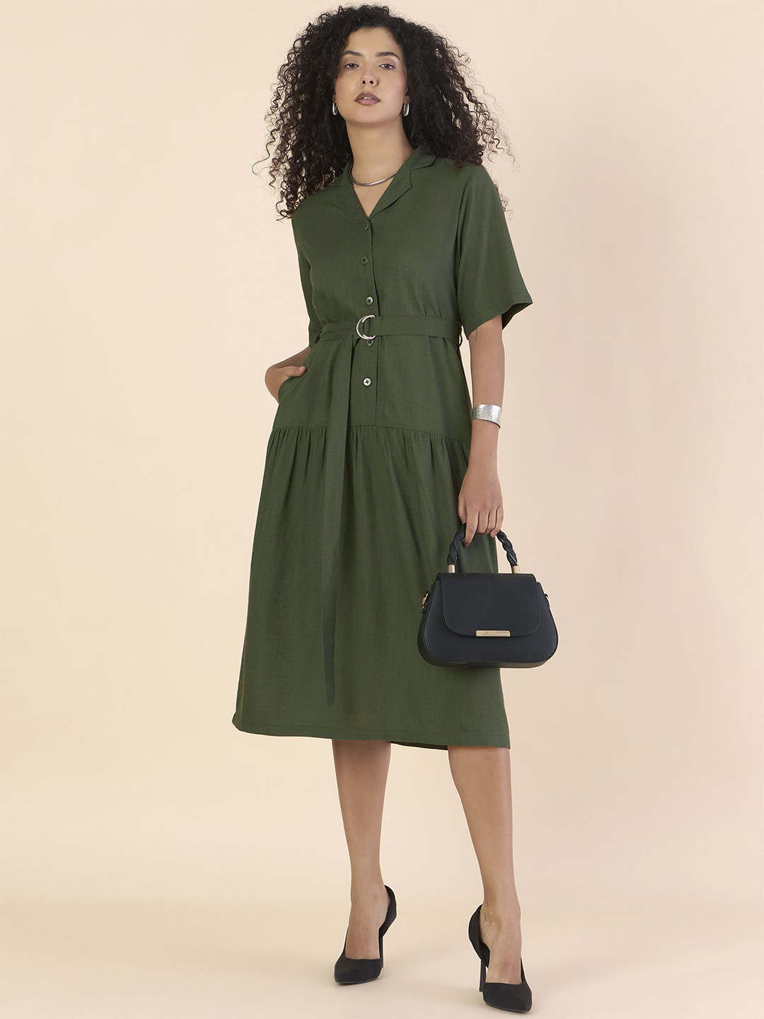 PowerSutra Relaxed Tiered Midi Dress With Belt Details