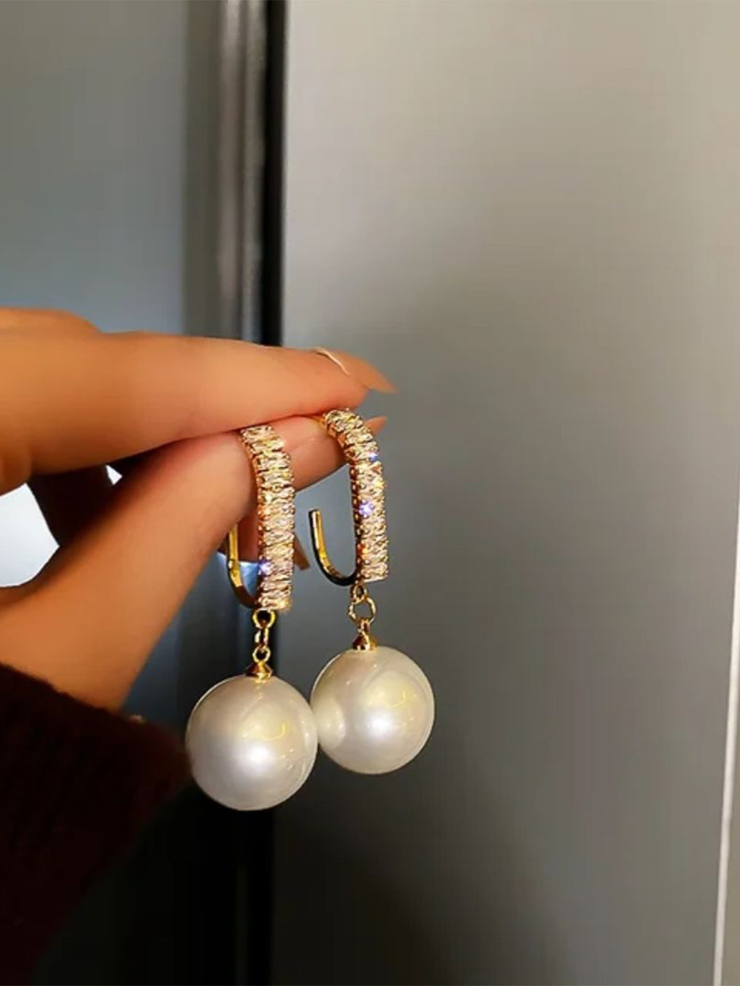 Estailo fashion Artificial Stones Studded & Beaded Pearlfect Hoop Earrings