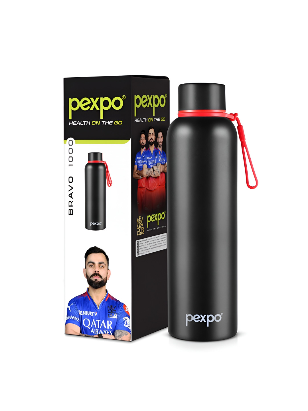 Pexpo Bravo Black Solid Stainless Steel Spill Proof Flask - 1L