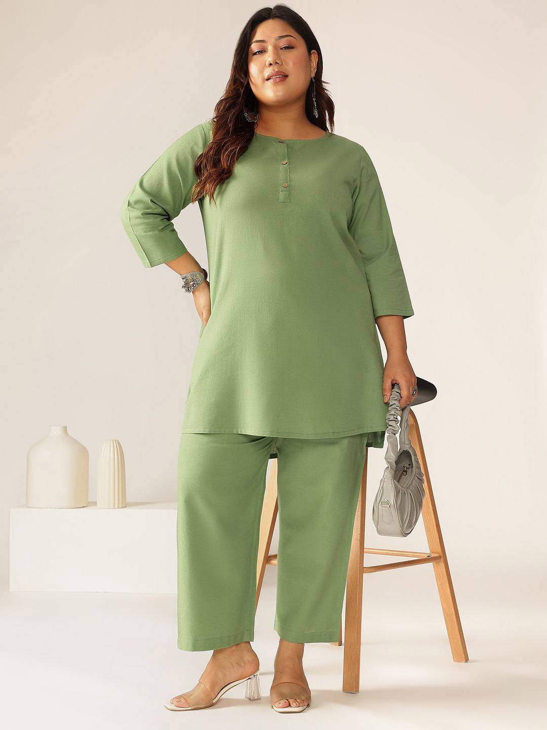 Janasya Women's Plus Size Green Linen Cotton Solid A-line Co-ord Set