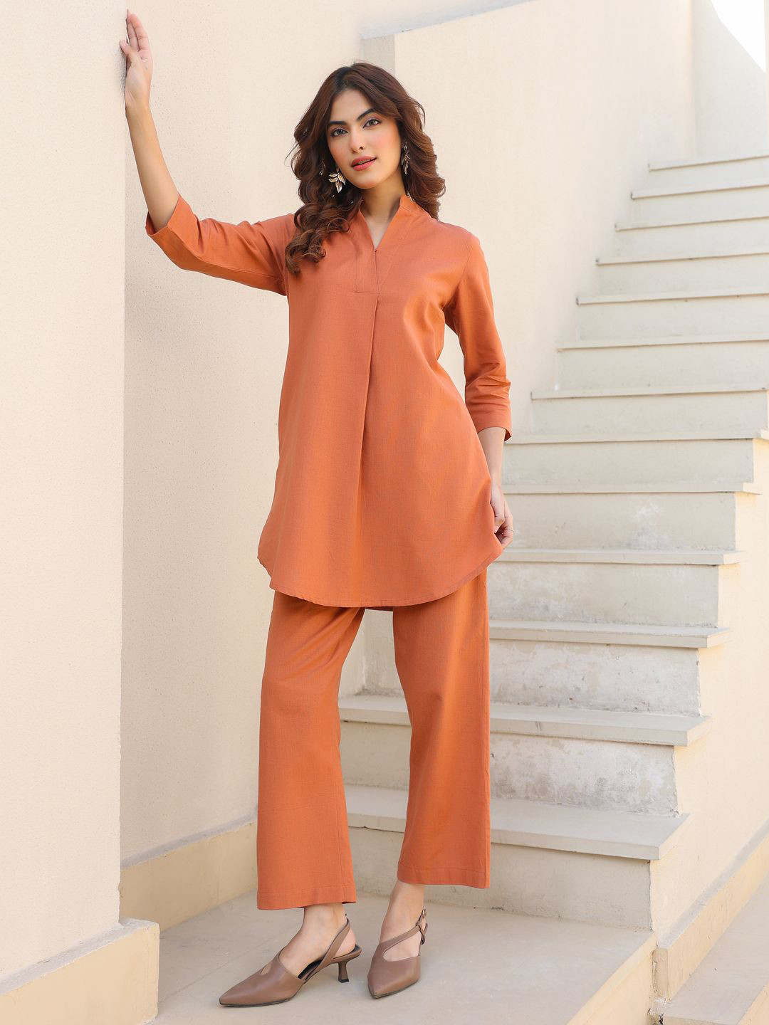 Janasya Women's Rust Linen Cotton Solid A-line Co-ord Set