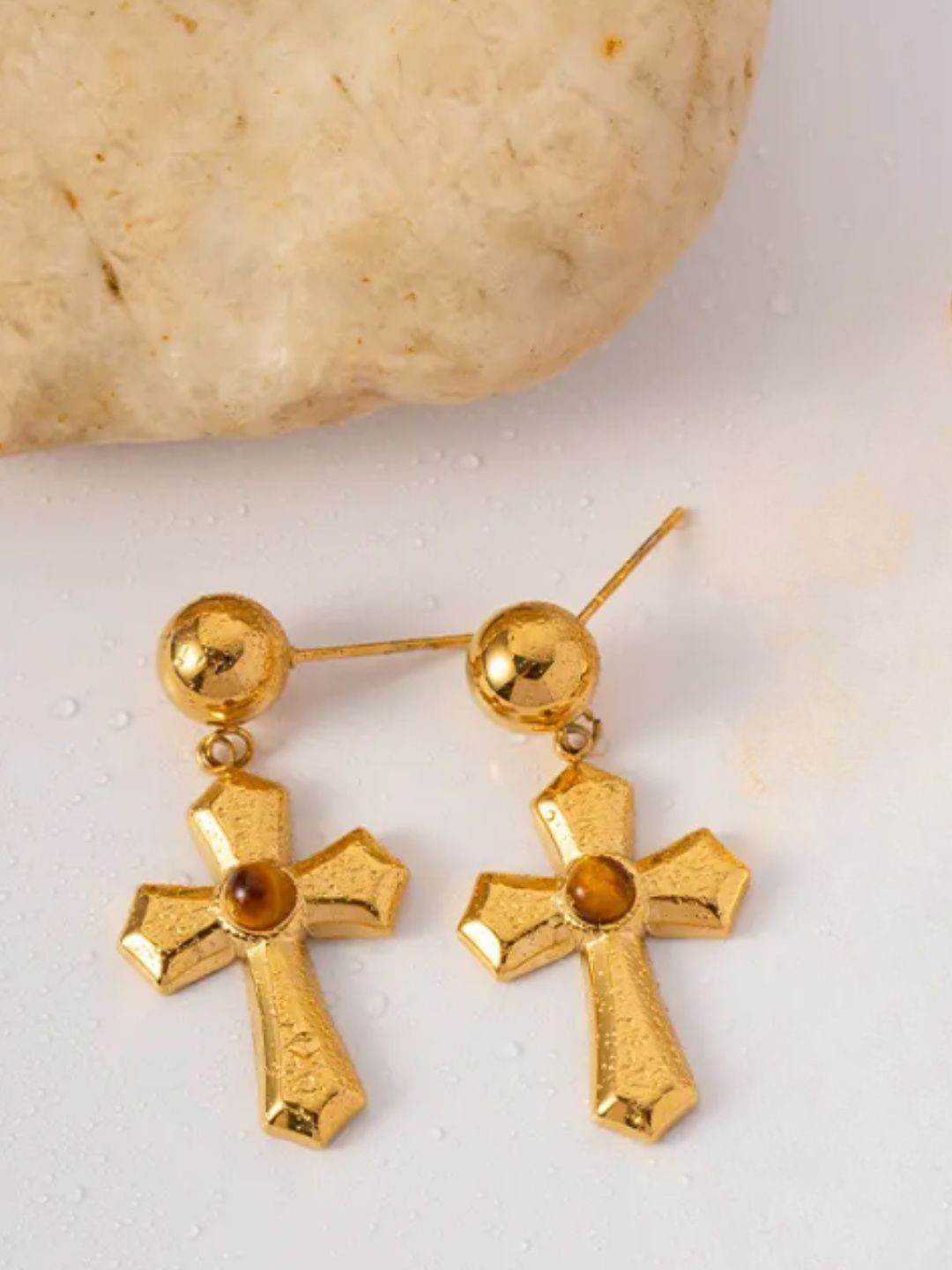 DIMPLERY Stainless Steel Gold-Plated Artificial Stones Studded Spherical Drop Earrings