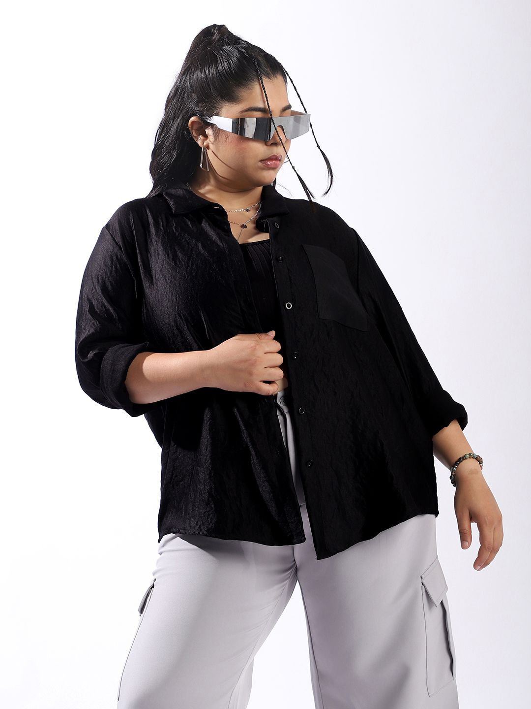 Freeform by High Star Women Comfort Boxy Textured Satin Casual Shirt