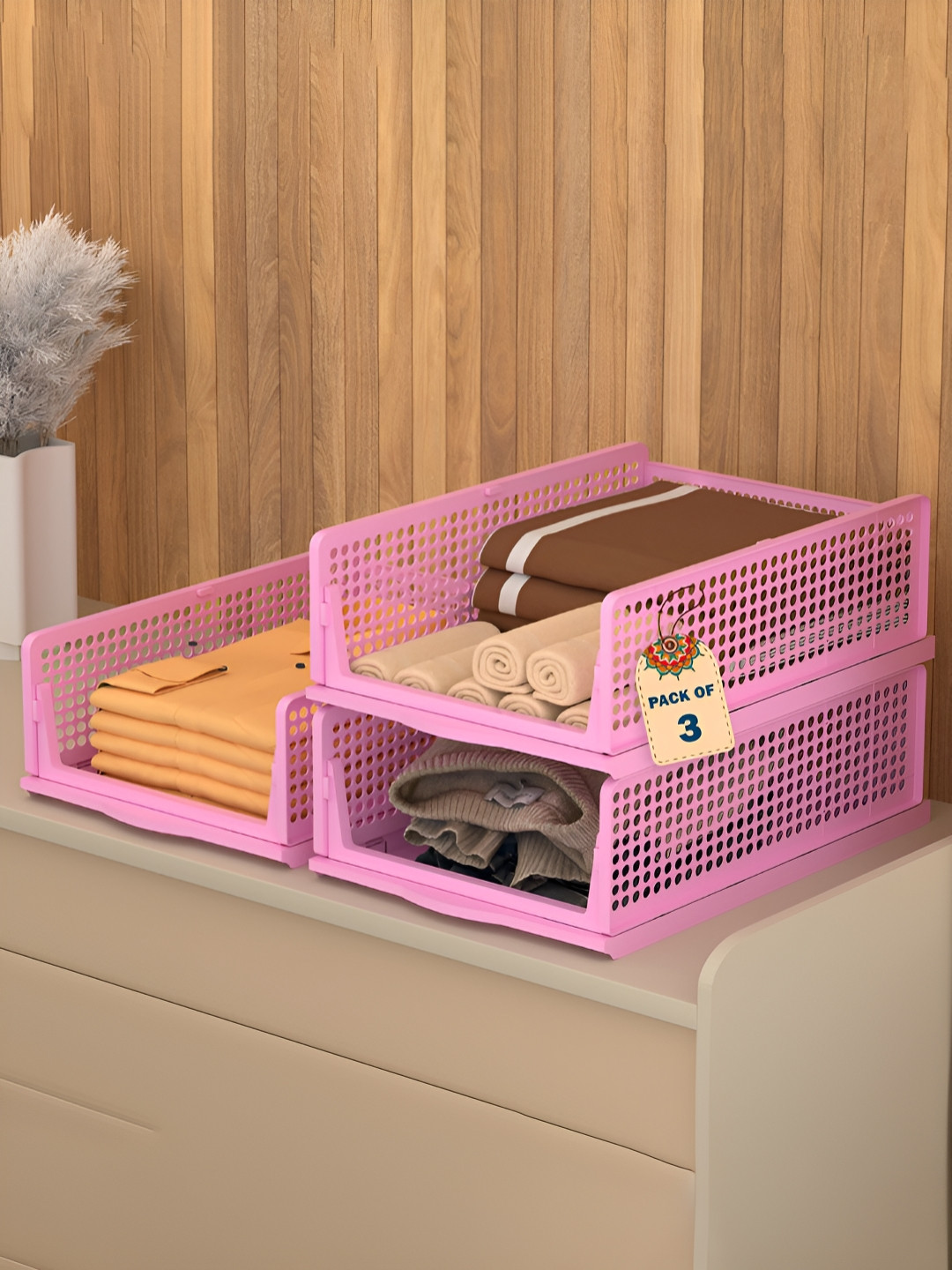 Aura Pink 3 Pcs Foldable Kids Wardrobe Organisers for Clothes Storage Dress Organiser