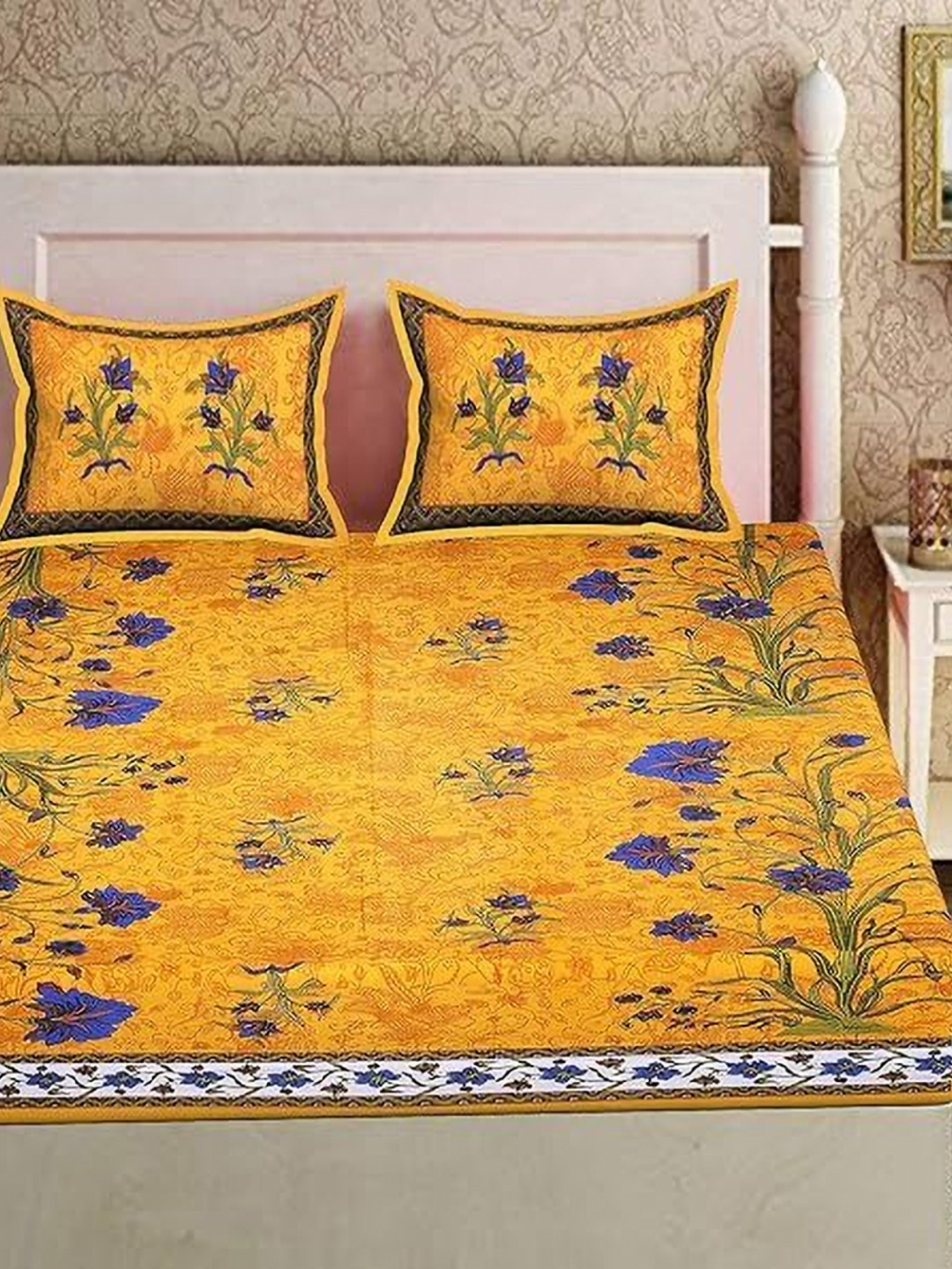 Dhawariya's Rajasthani Jaipuri Traditional Yellow Floral Pure Cotton 144 TC Queen Bedsheet with 2 Pillow Covers-90 x 100 inches