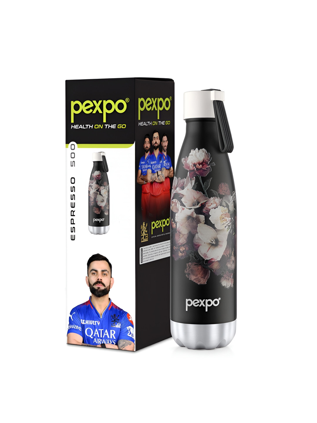 Pexpo Espresso Flower Black Floral Stainless Steel Double Wall Vacuum Flask - 500ml