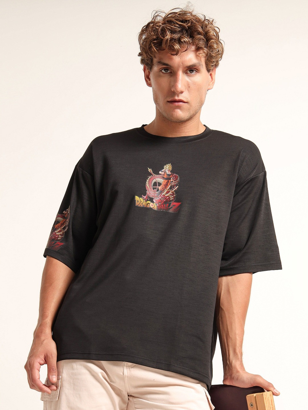 THE BEETEL HOUSE Dragon Ball Z Printed Drop-Shoulder Sleeves Oversized Cotton T-shirt