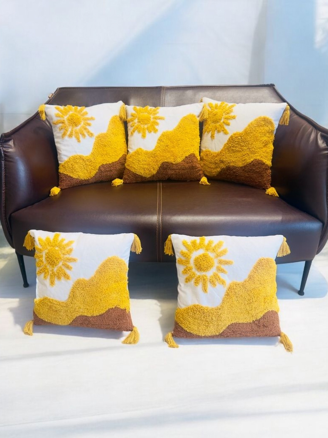 Dolce Casa Coffee Brown Floral Cotton Lightweight 5 Piece Square Cushion Covers -16x16In