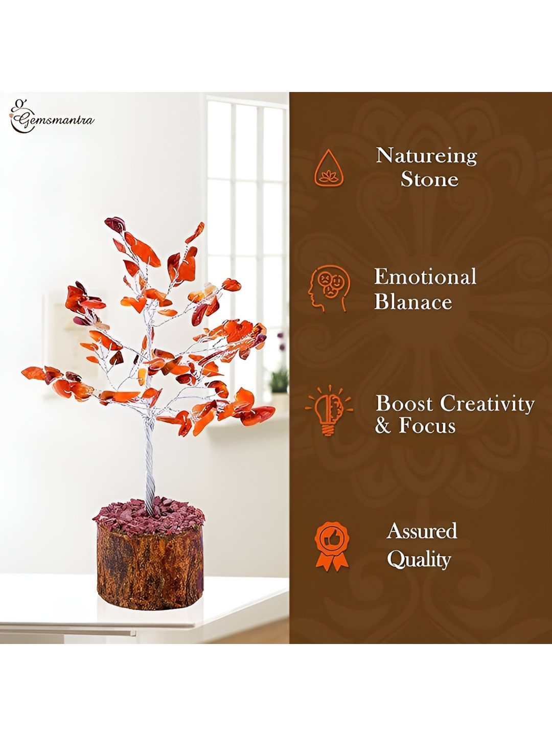 Gemsmantra Carnelian Tree Silver Crystal Glossy Living Room Medium Showpiece -