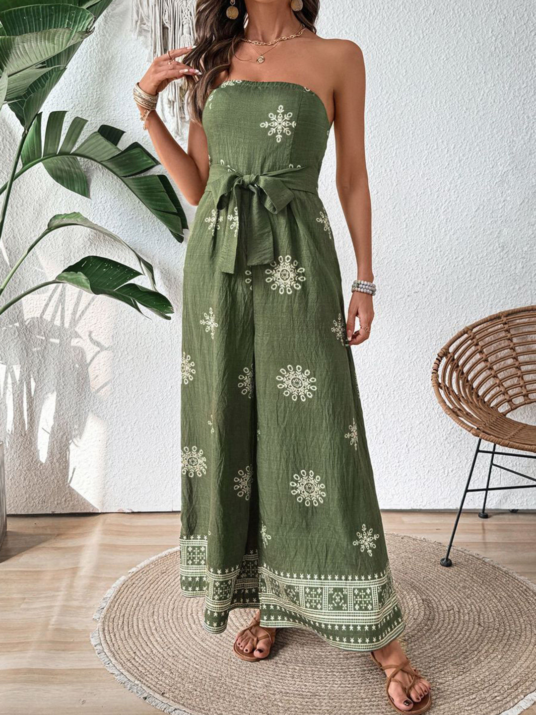 Routes by All About You Linen Strapless Printed Basic Jumpsuit