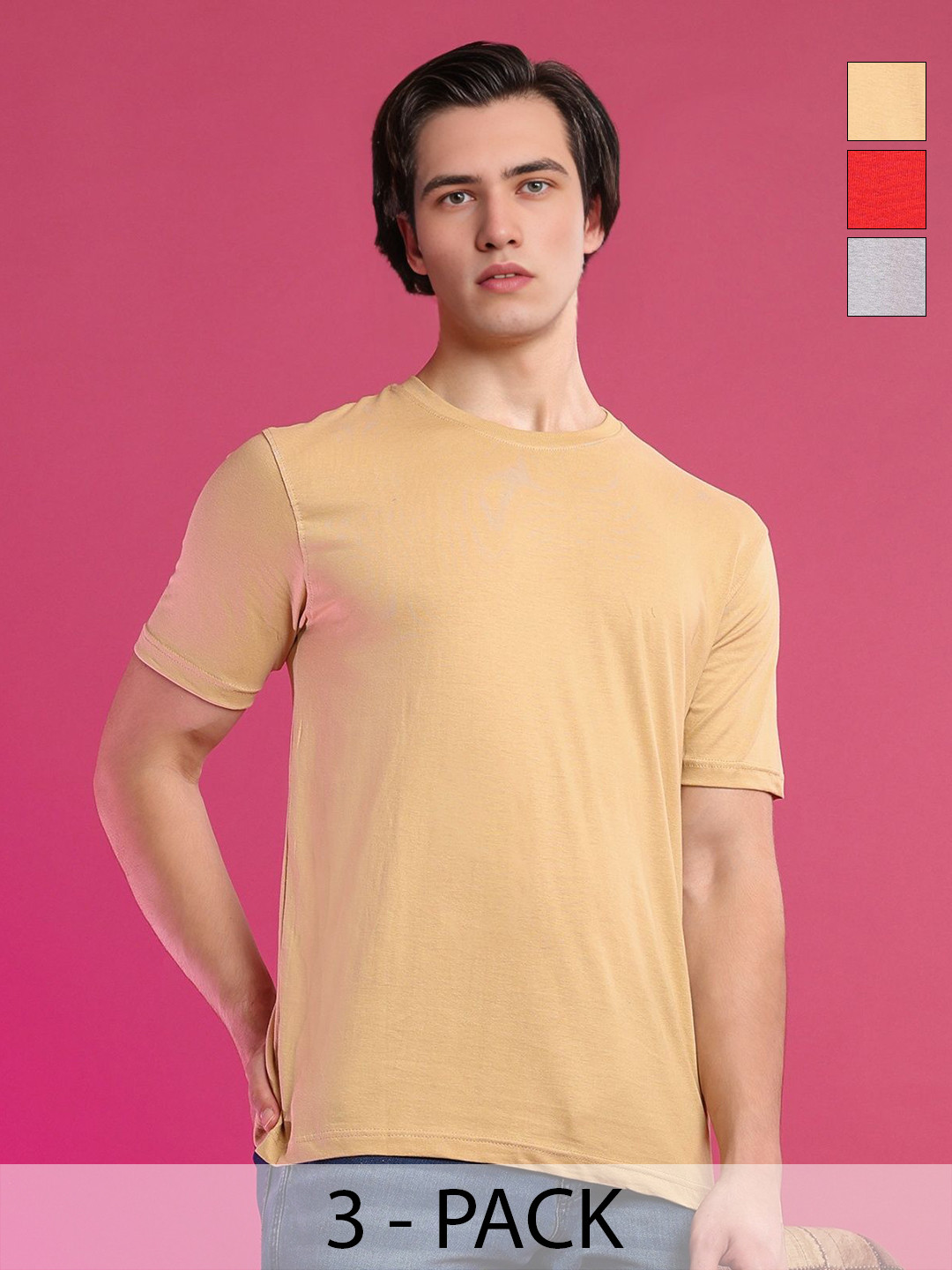 Moda Rapido Pack of 3 Round Neck Pure Cotton Short Sleeves T-shirts