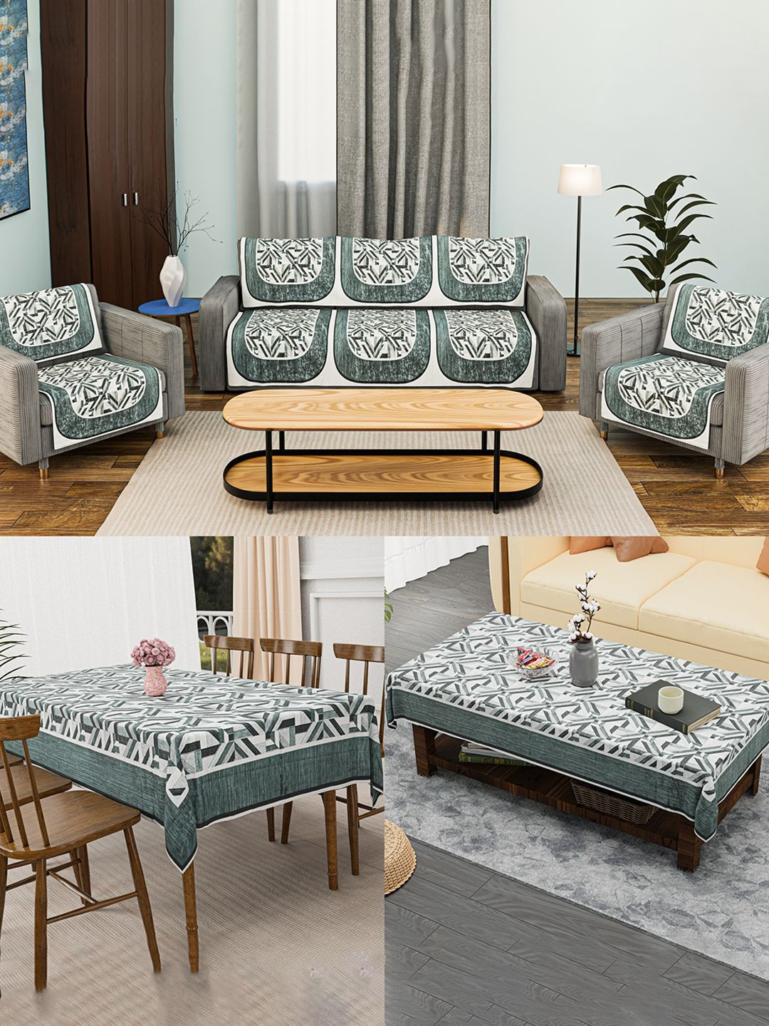 Kuber Industries 12 Pcs Grey & White Soft Velvet Sofa Cover & Center & Dining Table Cover