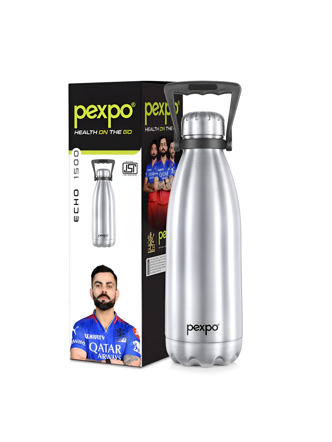 Pexpo Echo Silver Solid Stainless Steel Spill Proof Flask - 1.5L