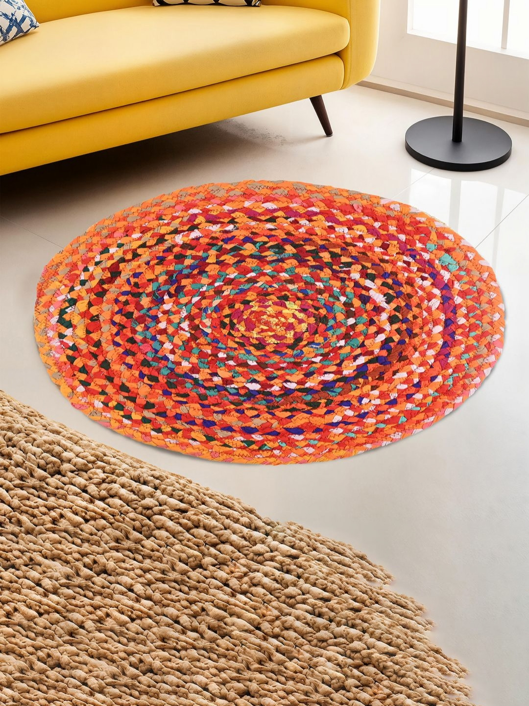 Aura Orange-Coloured & Blue Braided Round Doormats