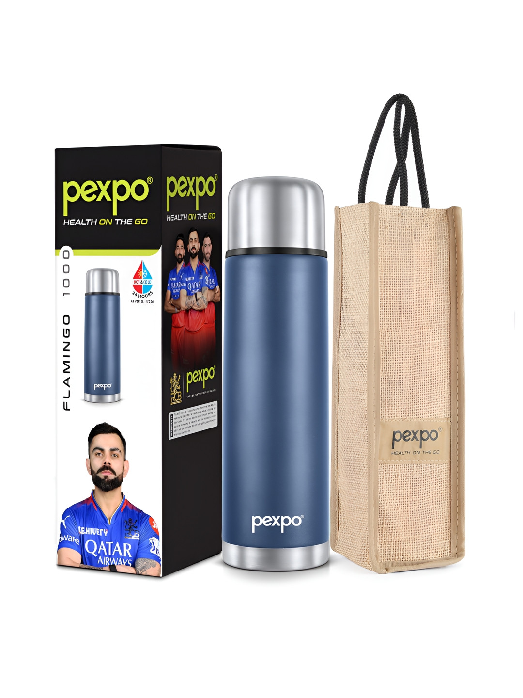 Pexpo Flamingo Blue Solid Stainless Steel Double Wall Vacuum Flask - 1L