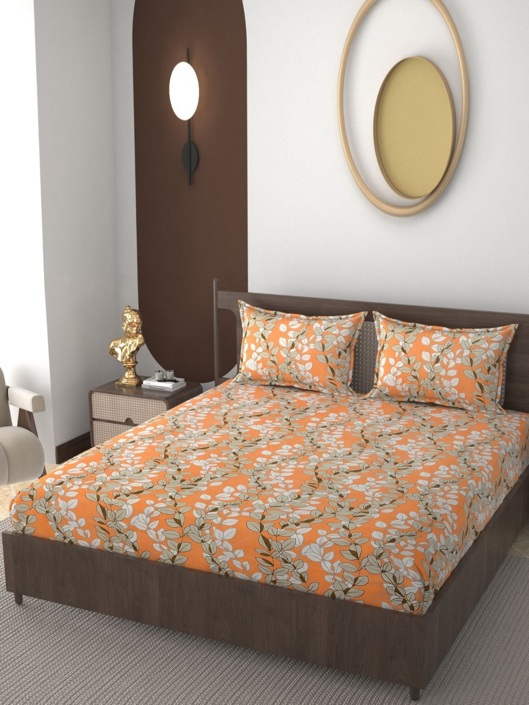 REALDREAM Orange Leaf Cotton 260 TC Fitted King Fine Bedsheet with 2 Pillow Covers-240 x 215 cm