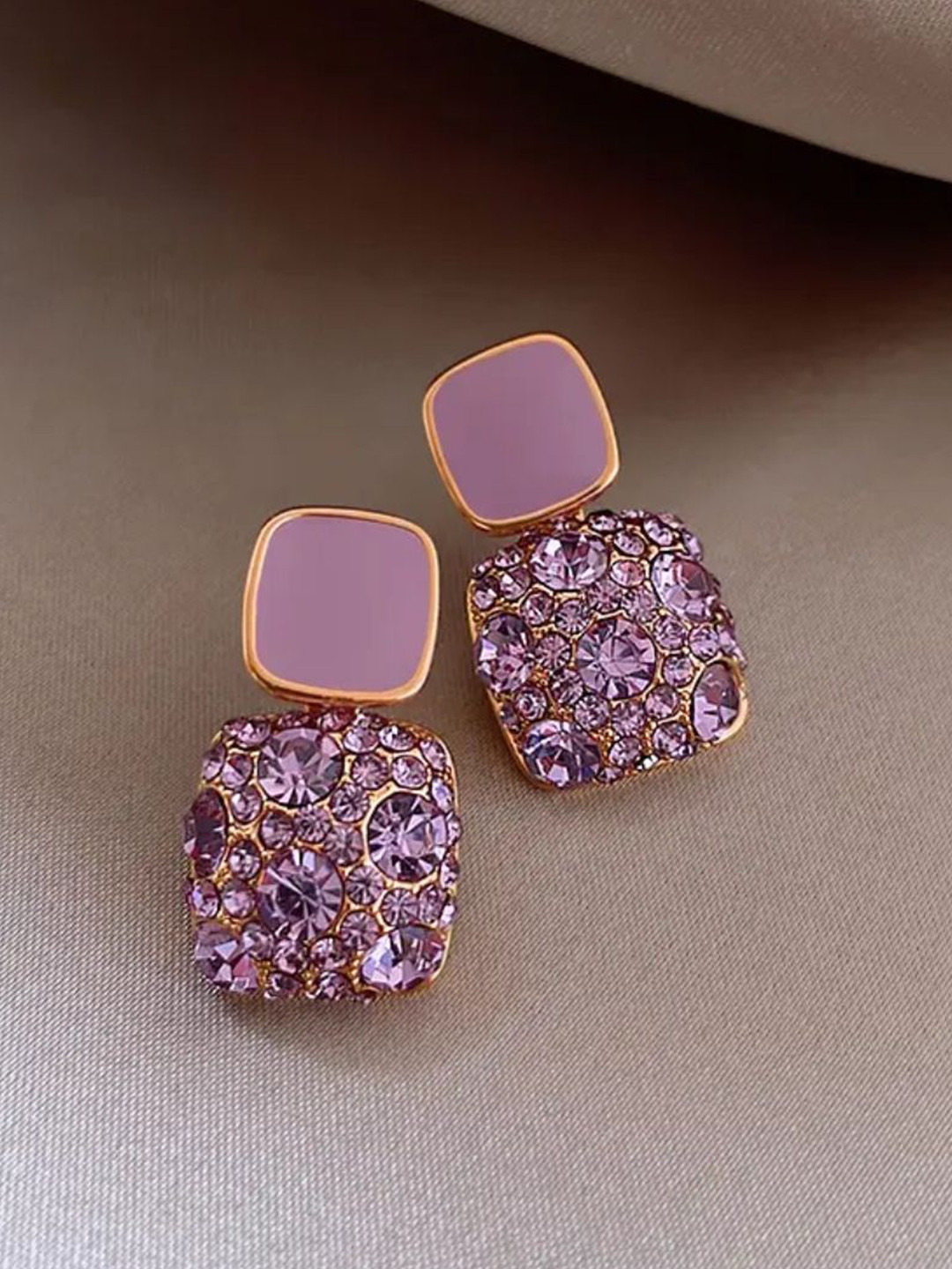 Estailo fashion Rhinestones Studded Square Shaped Drop Earrings