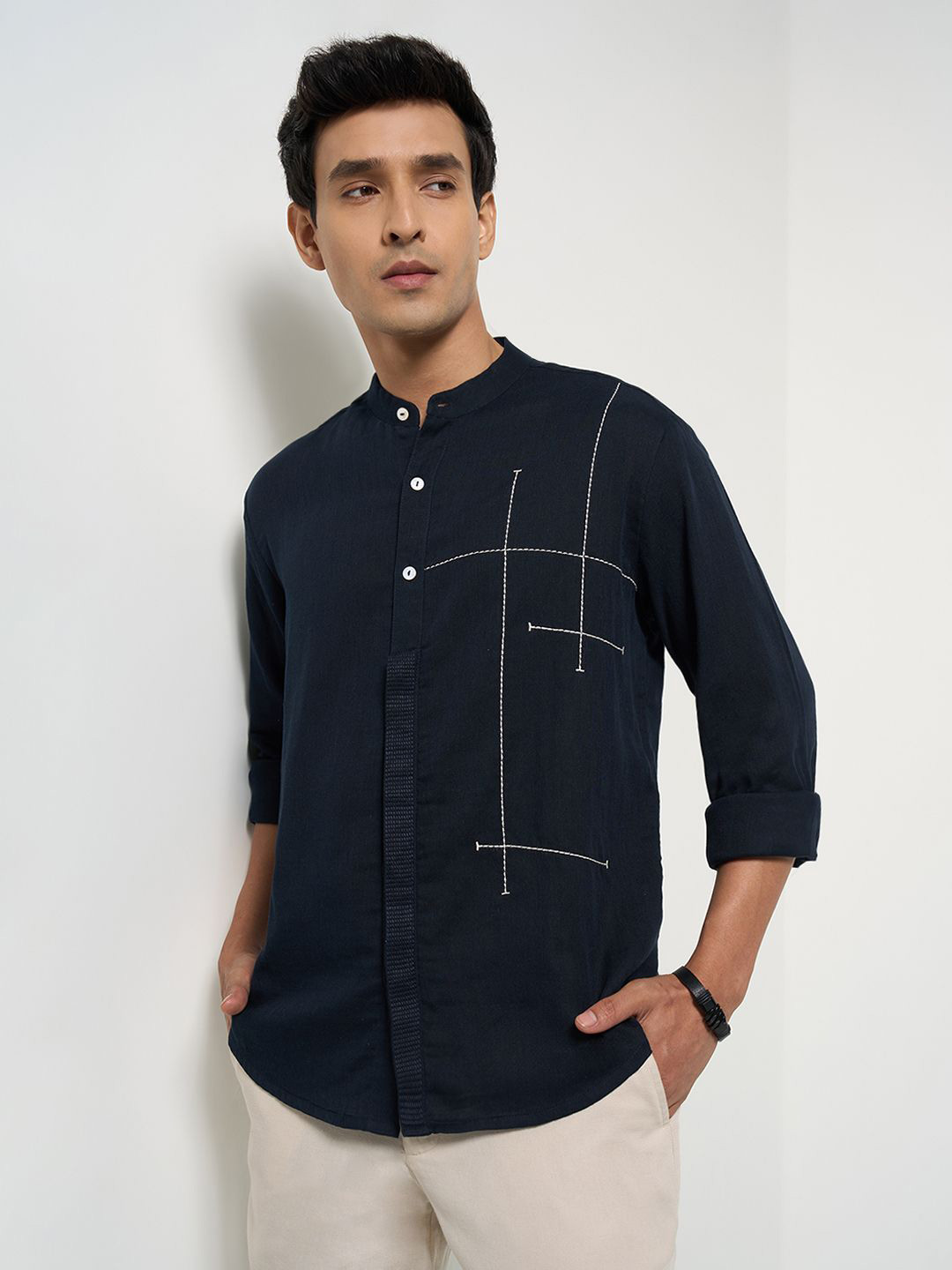 indus route by Pantaloons Windowpane Checked Mandarin Collar Shirt
