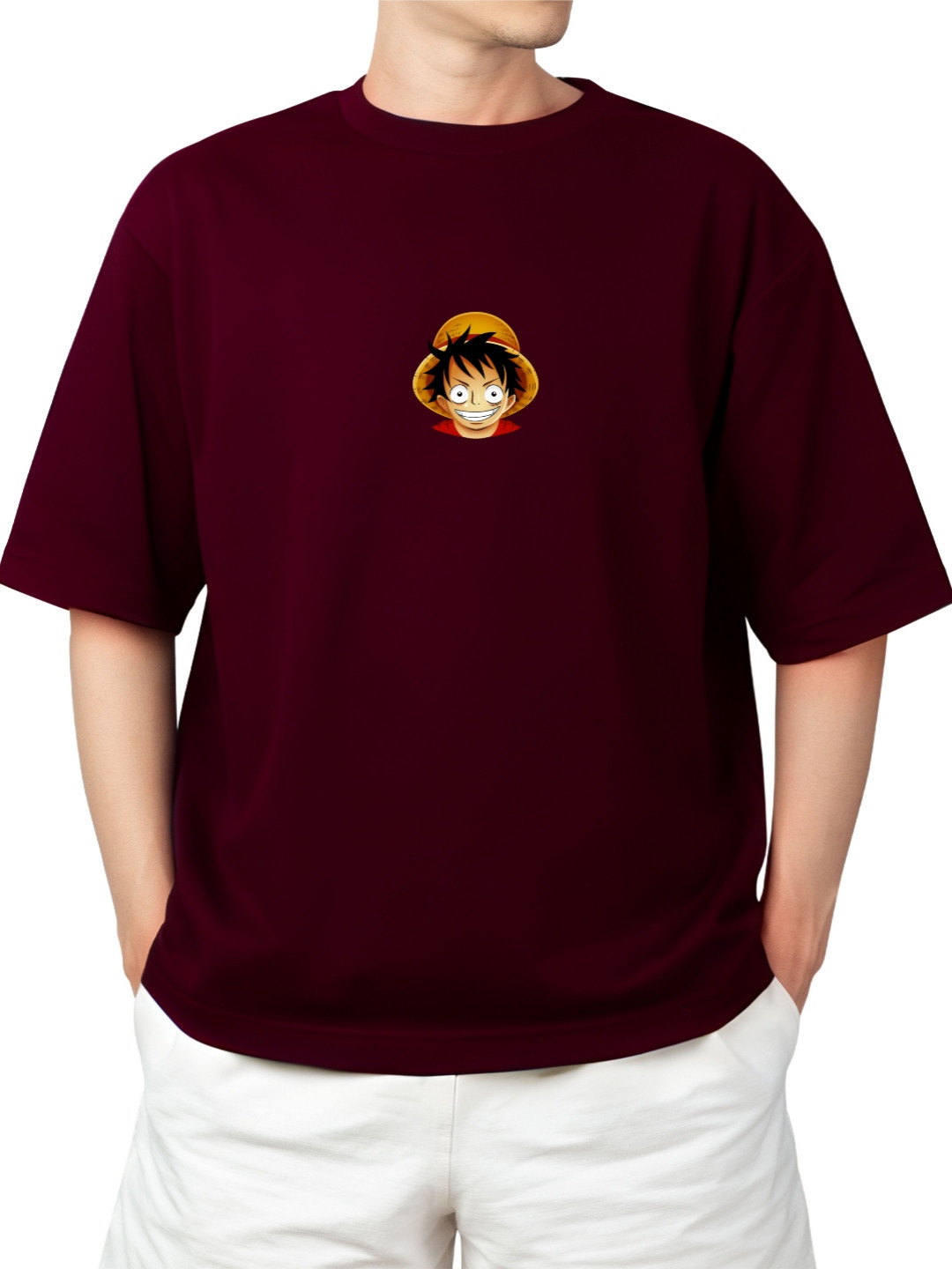 Starsbuyer Luffy Printed Cotton Drop-Shoulder Sleeves Oversized T-shirt