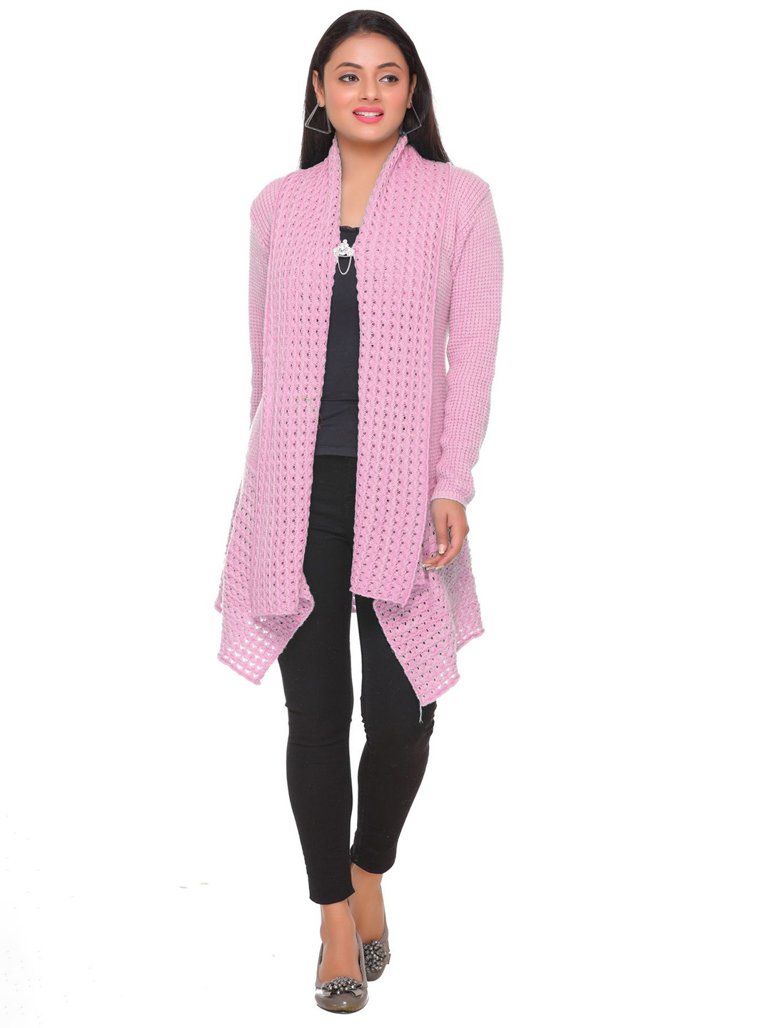 WOOL 4U Self Design Long Sleeves Longline Lapel Shrug