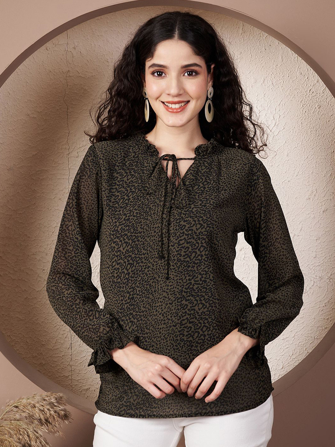 Fbella Animal Print Keyhole Neck Chiffon Top