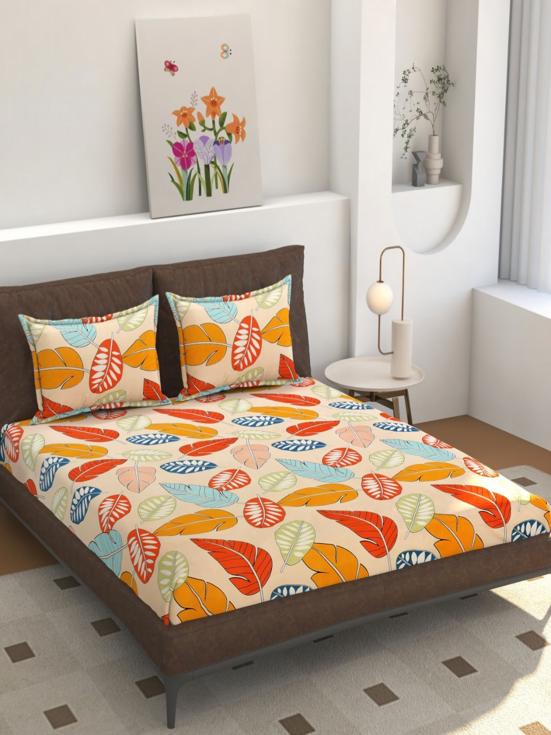REALDREAM Presents Luxurious Beige Leaf Cotton 260 TC Fitted King Fine Bedsheet with 2 Pillow Covers-78 x 72 inches