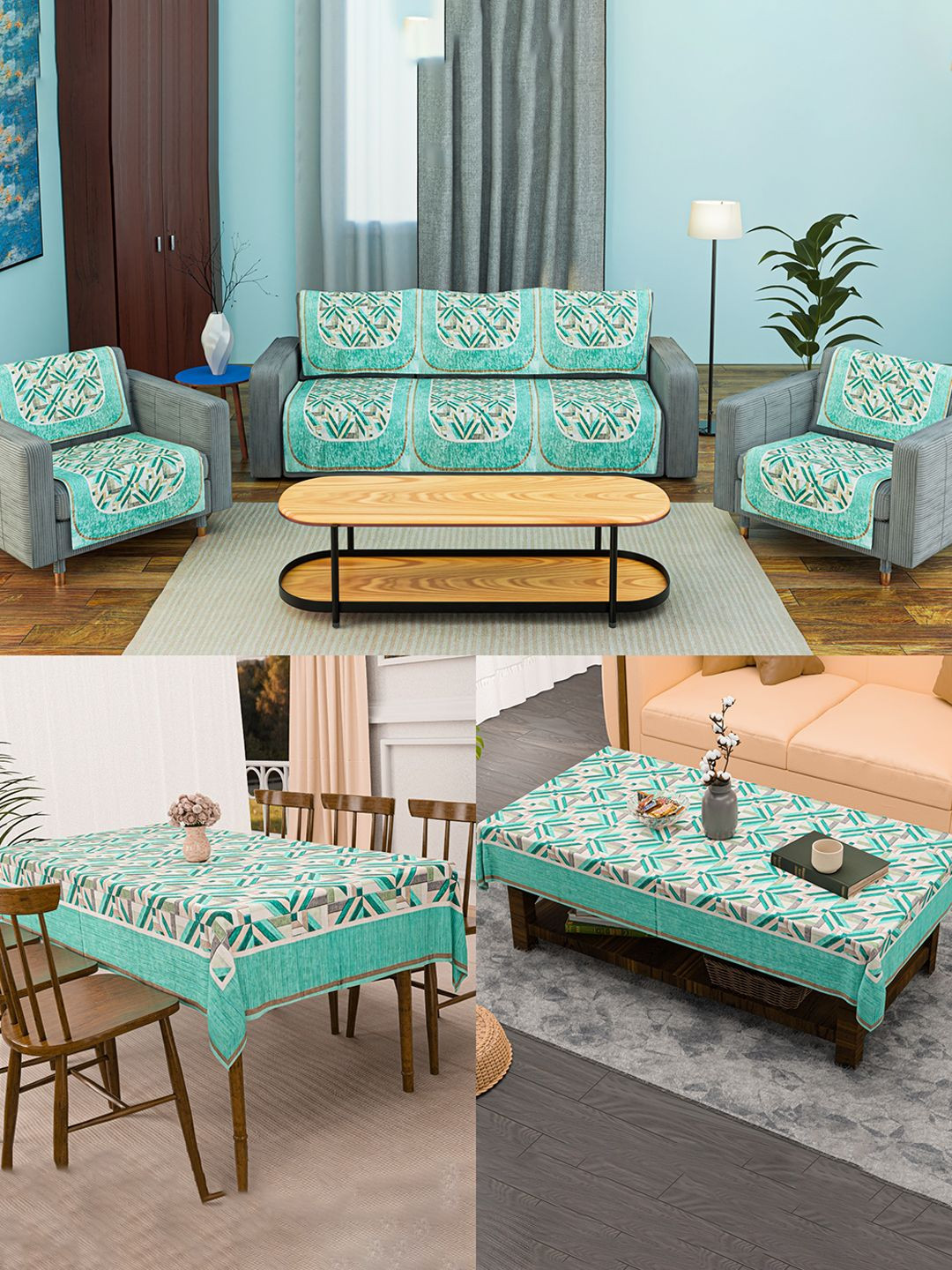 Kuber Industries 12 Pcs Green & White Soft Velvet Sofa Cover & Center & Dining Table Cover