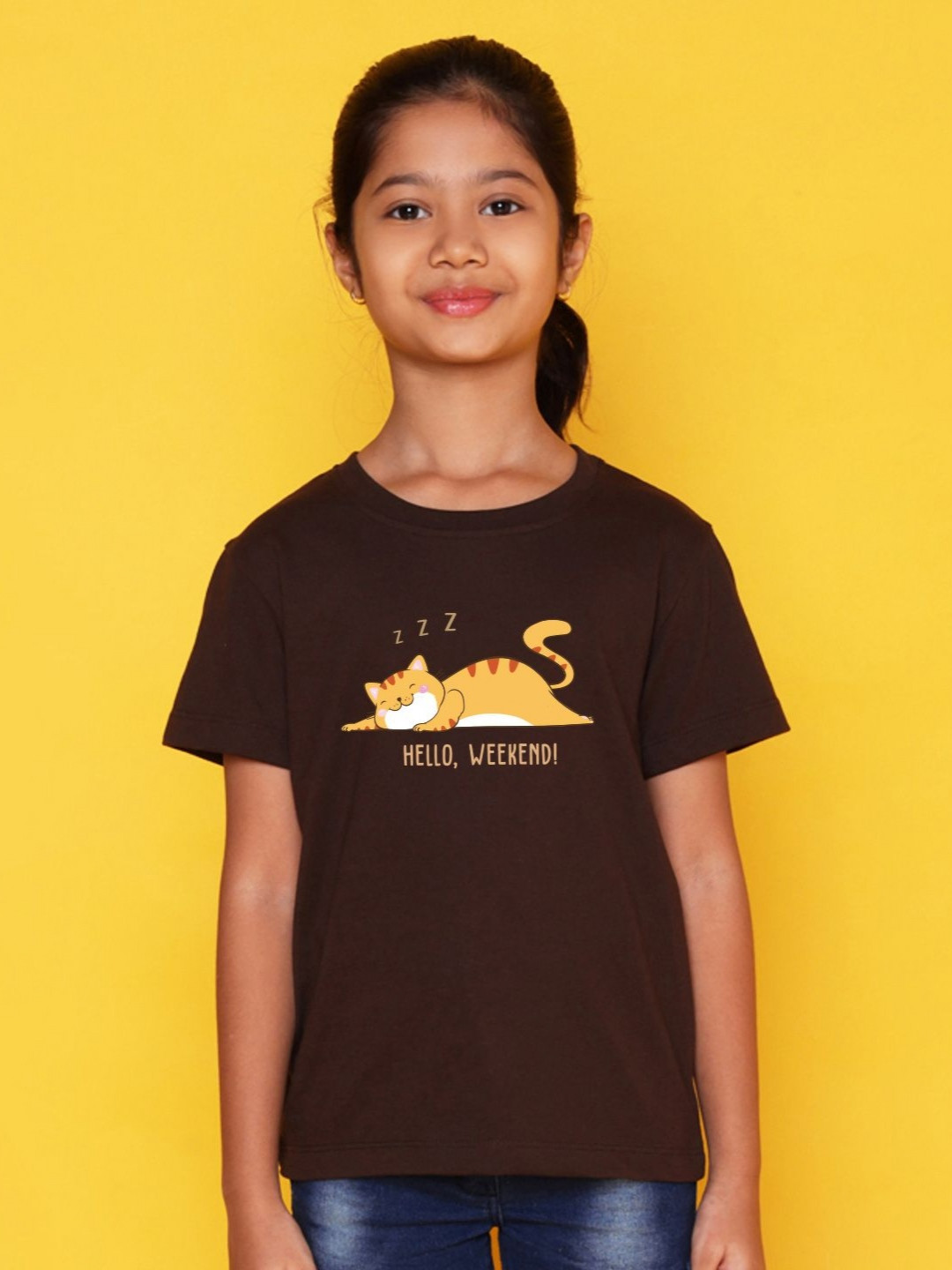 NUSYL Girls Hello Weekend & Cat Printed Regular Fit T-Shirt