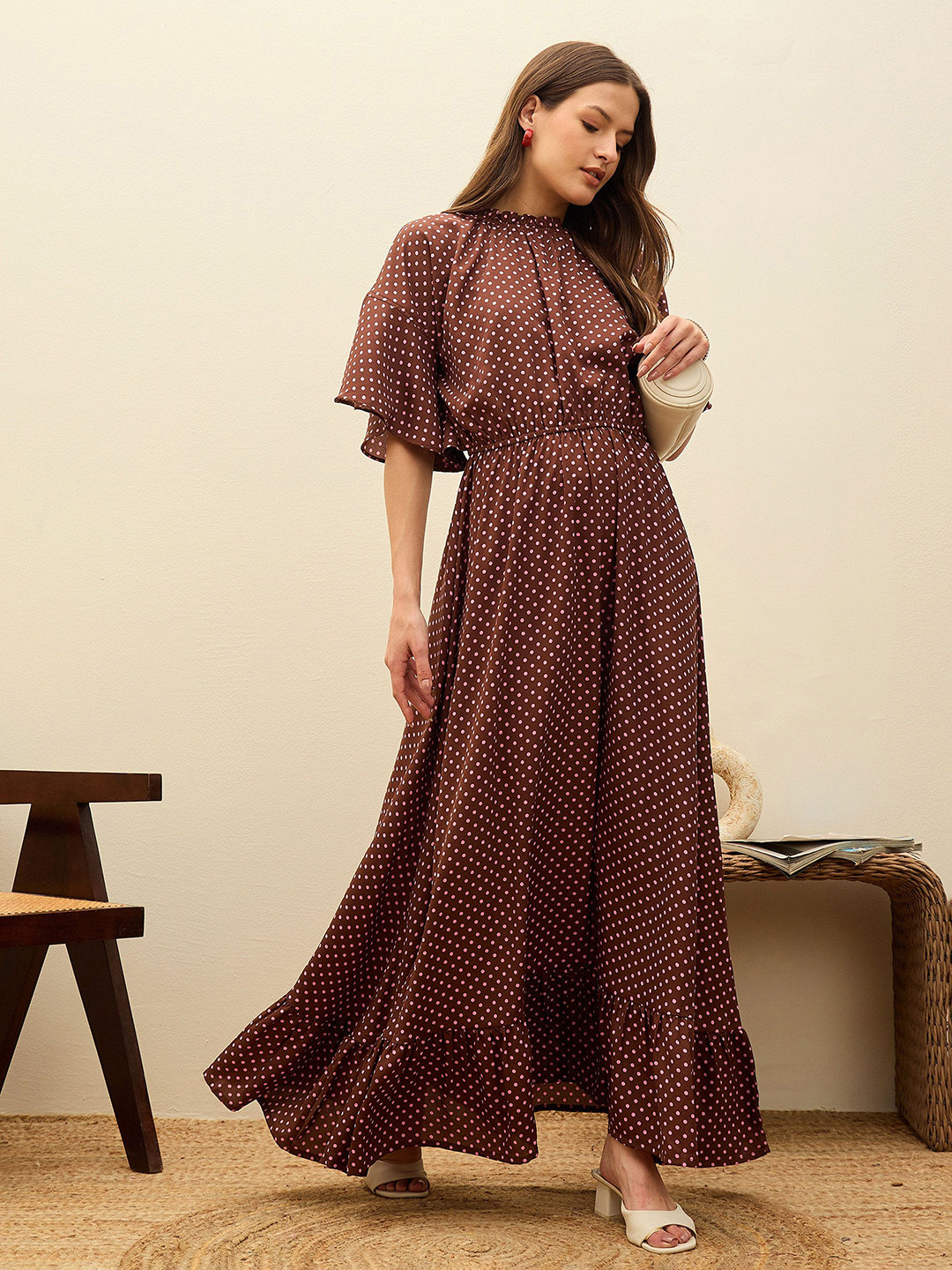 SASSAFRAS Polka Dot Print Flutter Sleeve Fit & Flare Maxi Dress