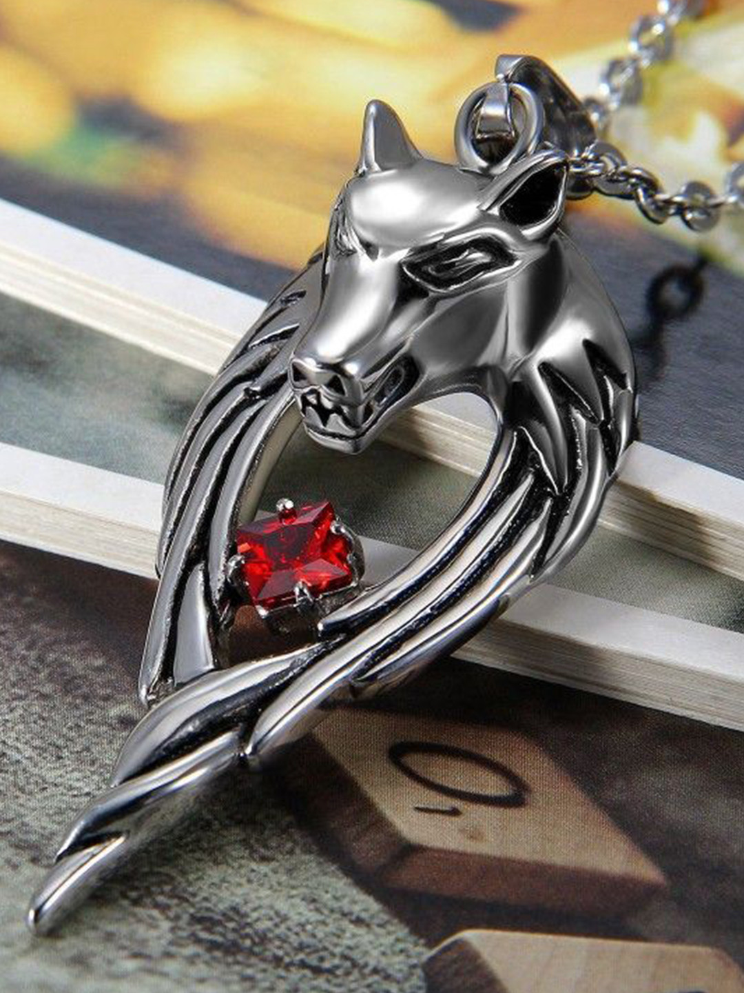 PASU FASHION Men Stainless Steel Silver-Plated Stones Studded Wolf Pendant With Chain