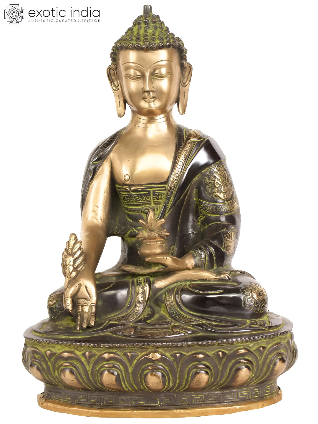 Exotic India Tibetan Buddhist Deity Medicine Buddha Green Brass Metallic Home Office Medium Showpiece - 11.5 Inches