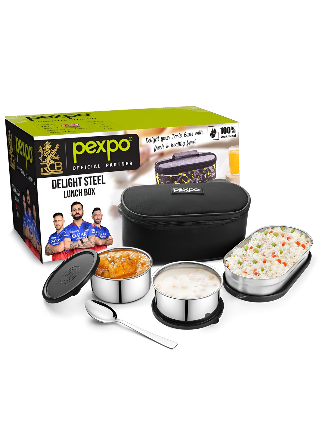 Pexpo Delight Stainless Steel Dishwasher Safe 5PCs Lunch Box With Spoon and Fork
