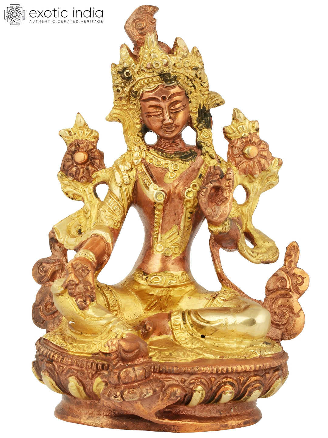 Exotic India Tibetan Buddhist Goddess Tara Gold Brass Metallic Garden Small Showpiece - 6 Inches