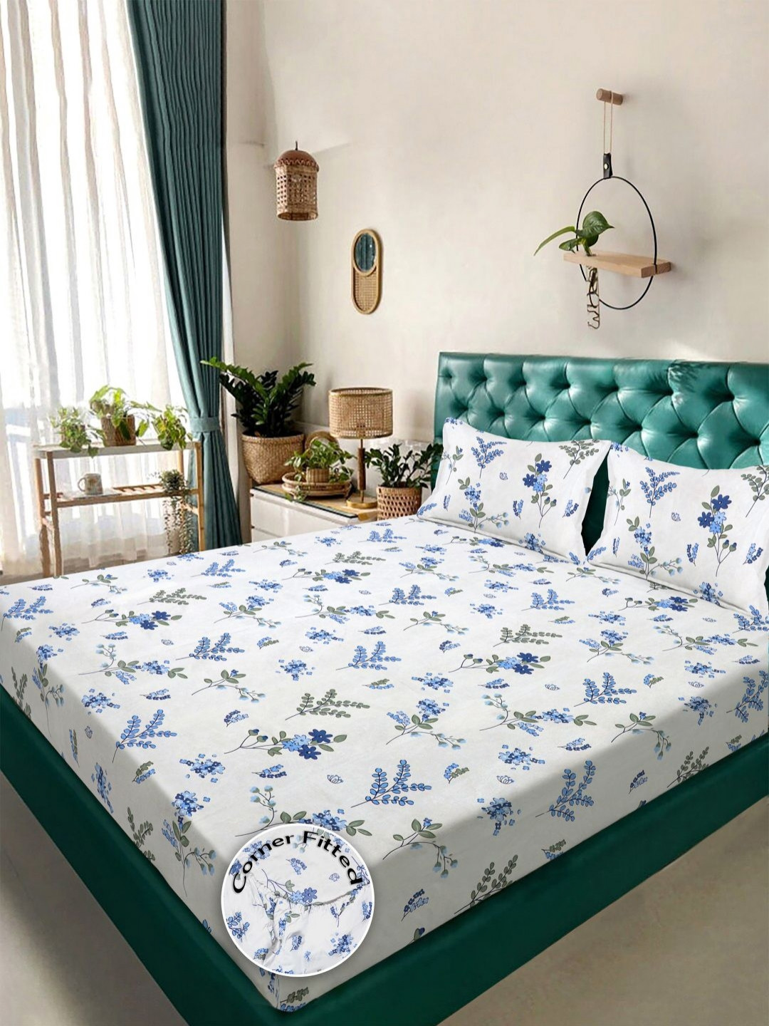 KLOTTHE White & Blue Printed 300 TC Fitted King Bedsheet 2.5 x 2.25 m