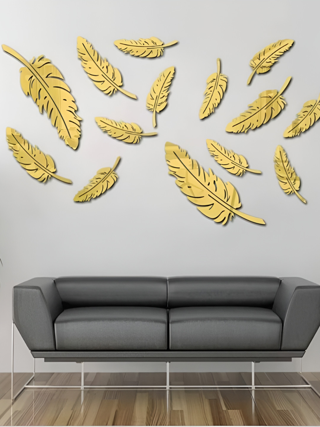 upkaranwale 14-Pcs Yellow Self-Adhesive Feather Wall Sticker