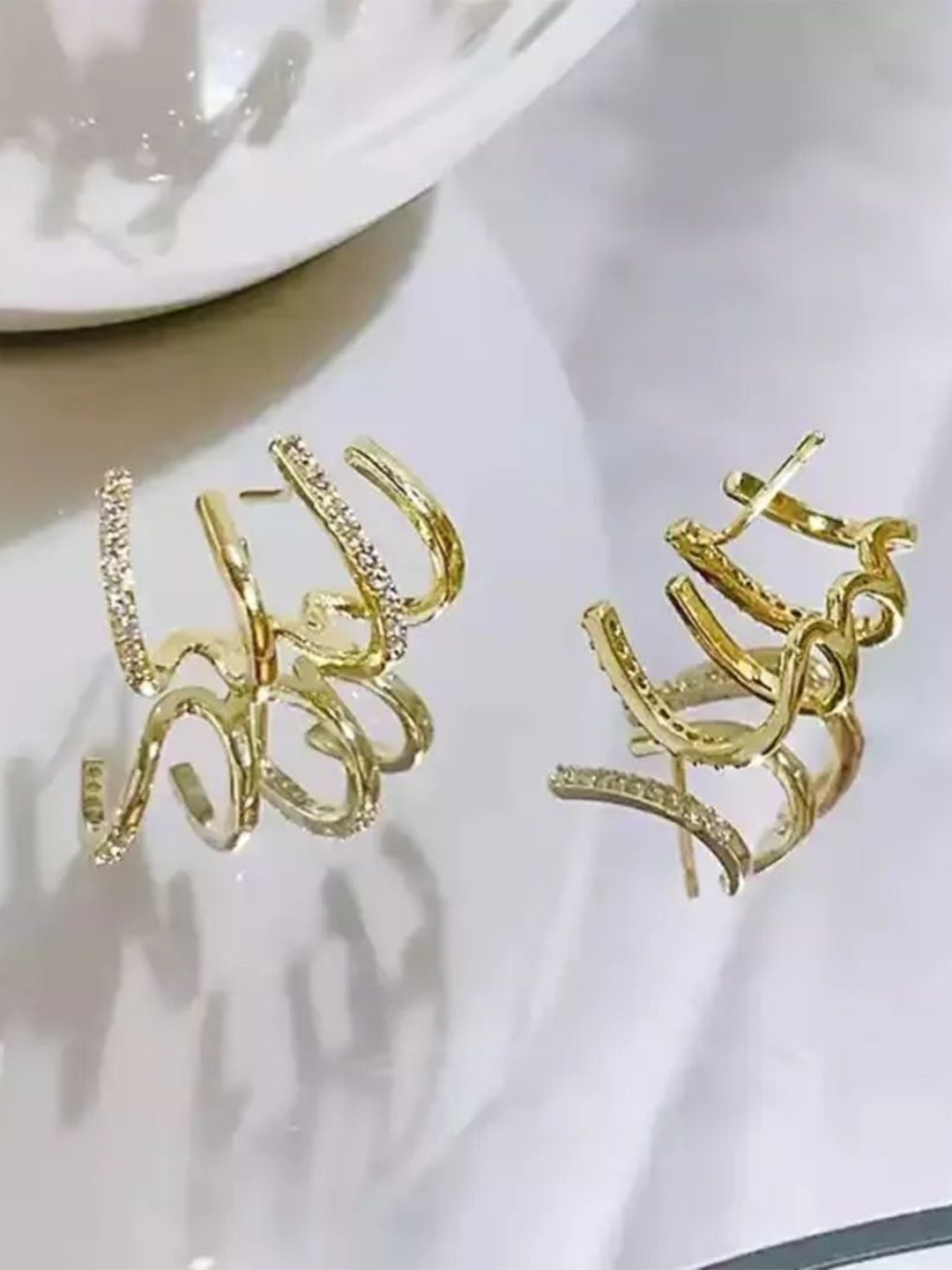 Estailo fashion Alloy Gold-Plated CZ Studded Contemporary Shaped Studs