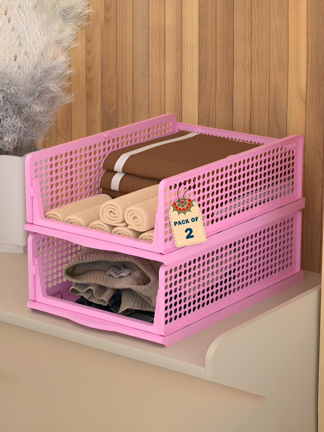 Aura Pink 2 Pcs Foldable Kids Wardrobe Organiser For Clothes Storage Rack