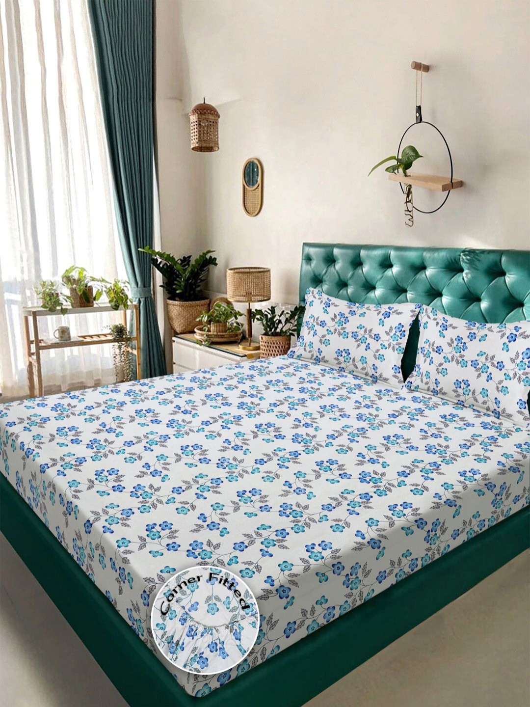 KLOTTHE White & Blue Printed 300 TC Fitted King Bedsheet 2.5 x 2.25 m