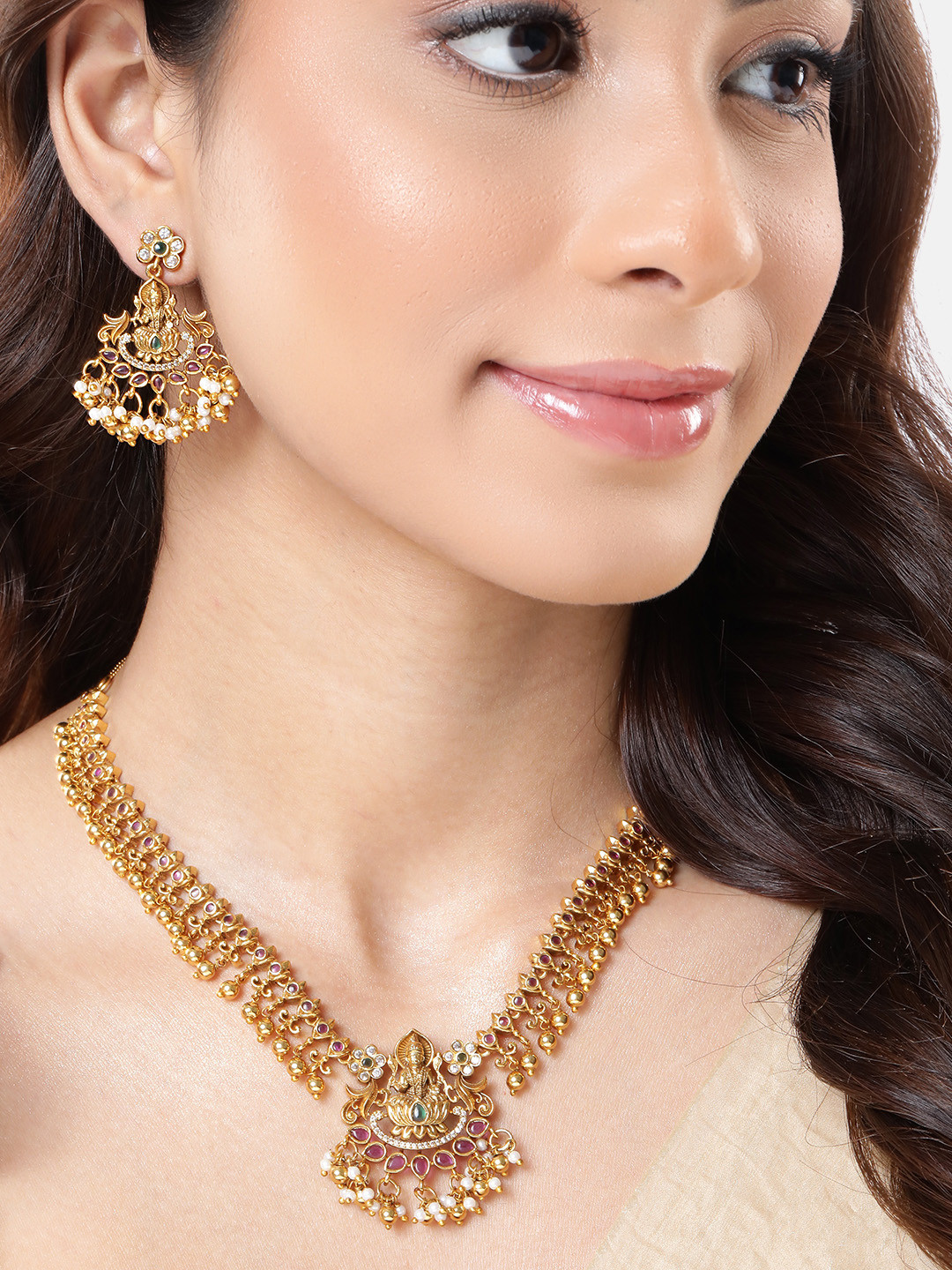 Peora Gold-Plated Artificial Stone Temple Jewellery Set