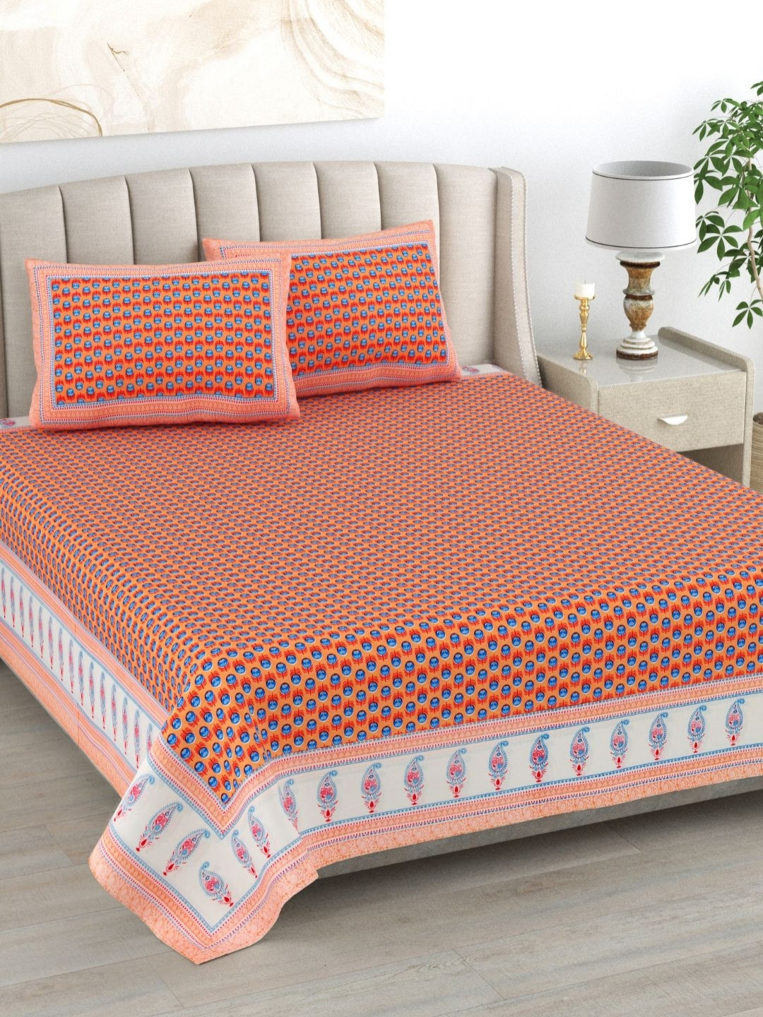 The Craft Monk Orange Floral Cotton 240 TC King Bedsheet with 2 Pillow Covers-108 x 90 inches