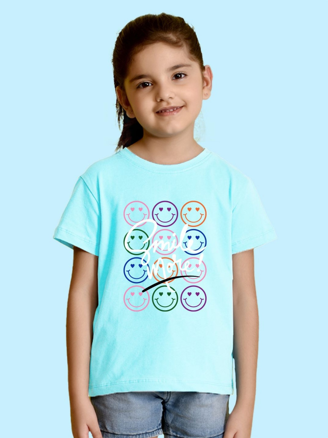 NUSYL Girls Smile More Text Printed Round Neck Regular Fit Cotton T-Shirt