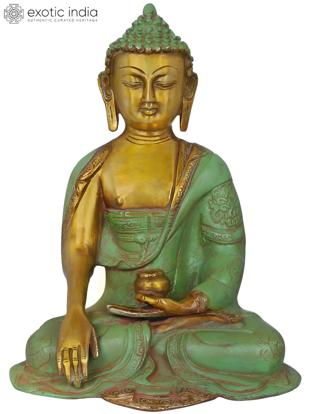 Exotic India Buddha in Bhumisparsha Mudra Gold Brass Metallic Living Room Medium Showpiece - 10 Inches