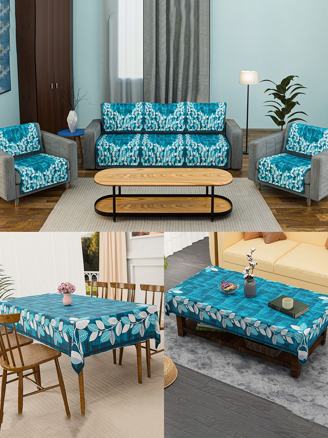 Kuber Industries 12 Pcs Blue & White Soft Velvet Sofa Cover & Center & Dining Table Cover